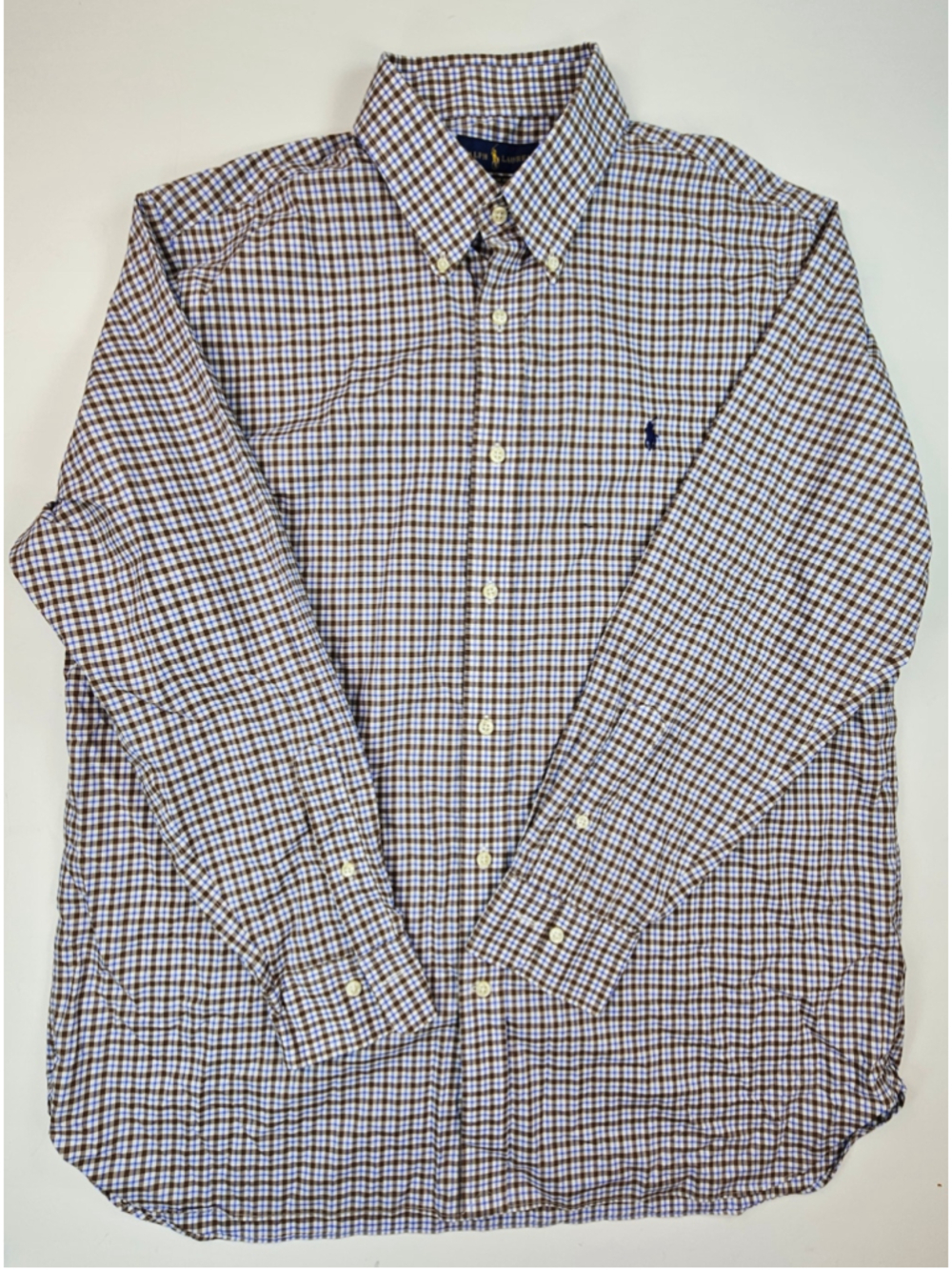 Polo Ralph Lauren Shirt Mens XL Classic Fit Brown Blue Plaid Button Down Pony